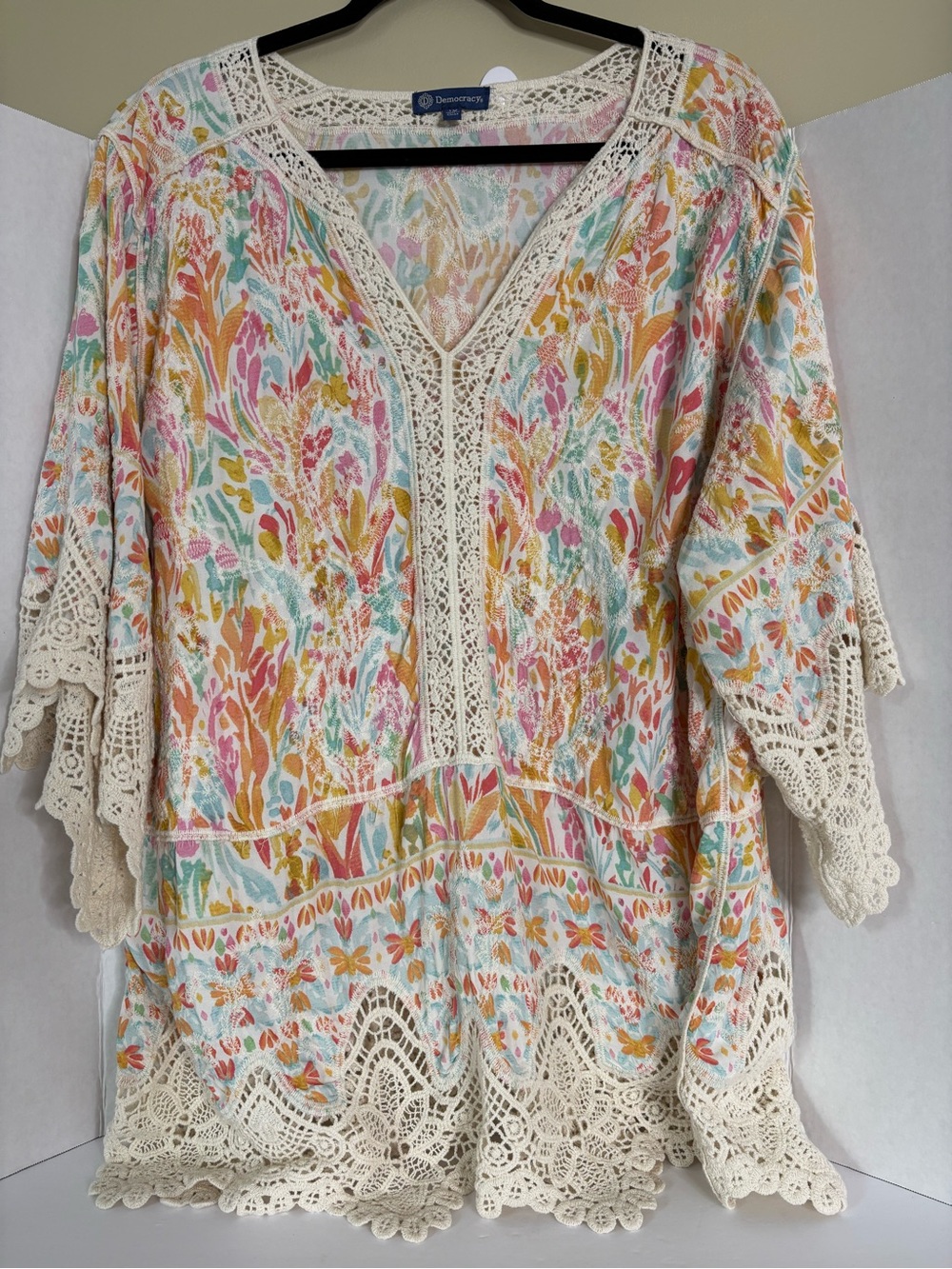 1X Democracy Cream Crochet-Trim Tunic with Multicolor Floral Print